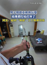 男子用路亚和狗玩耍，结果把灯给打坏了