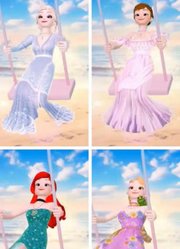 艾莎、安娜等迪士尼公主在海边荡秋千