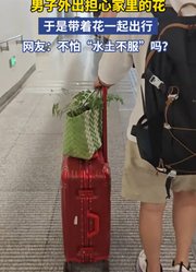 男子外出担心家里的花，于是带着花一起出行